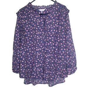Lauren Conrad Button Up Blouse Womens Plus 1X Floral Ruffle Boho Flowy Lightweig